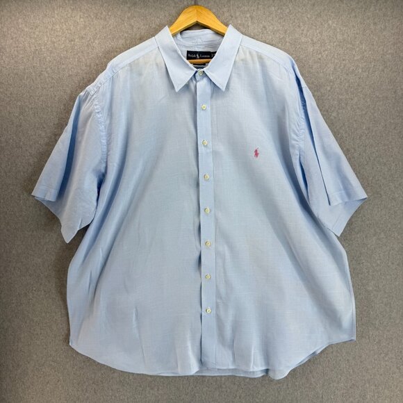 Ralph Lauren Mens 4XB Big Carolina Blue Button Front Shirt Collared Pink Pony SS - Picture 1 of 15
